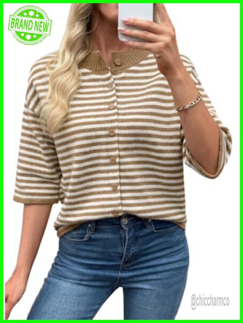 Womens 3/4 Sleeve Button Front Knit Cardigan Sweater